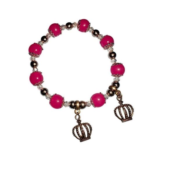 Handmade Pink Beaded Stretch Charm Crown Bracelet - Picture 1 of 3